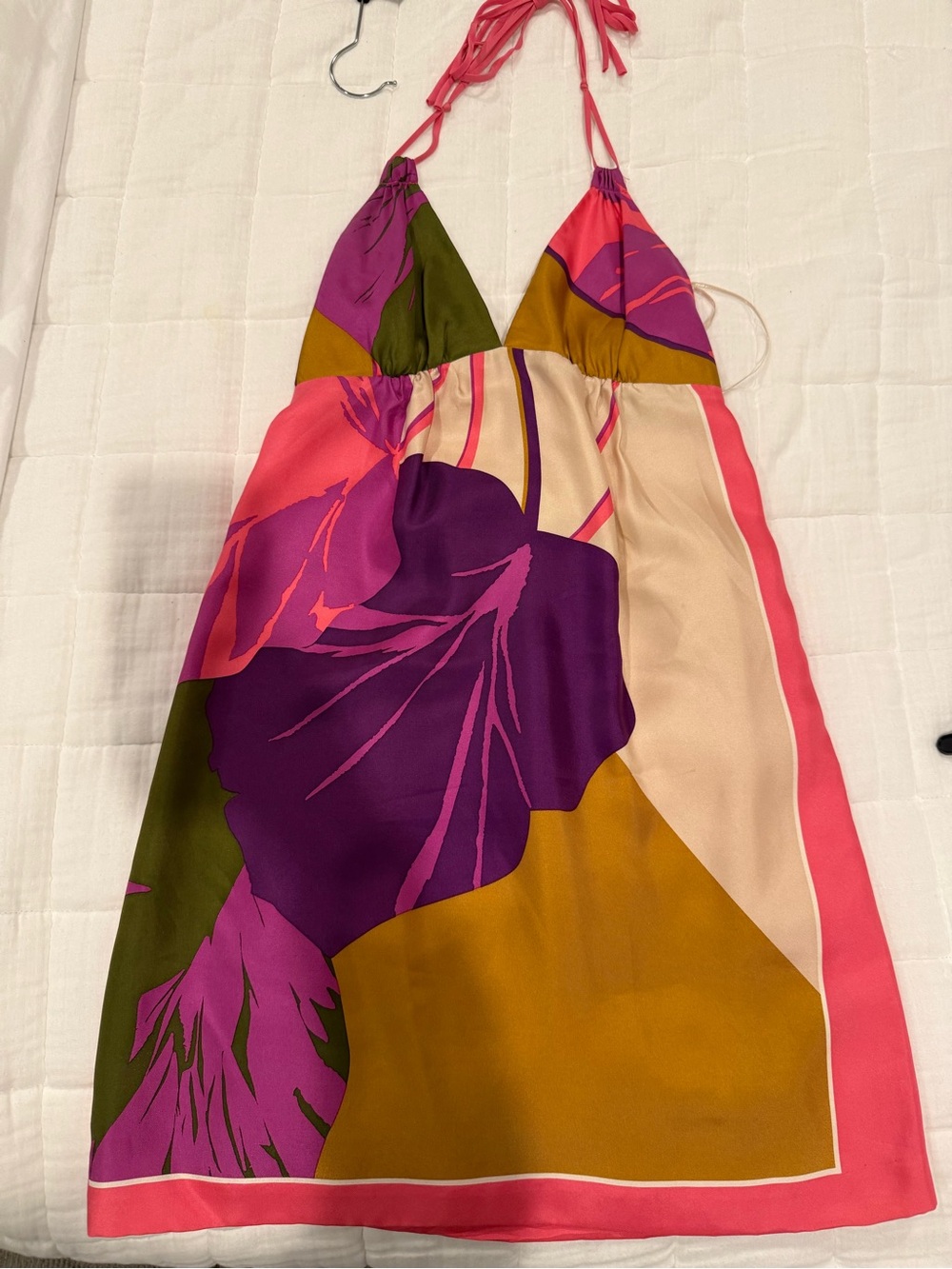 TIBI 100% Silk Halter Dress in Pink, Purple & Olive, with 100% silk lining